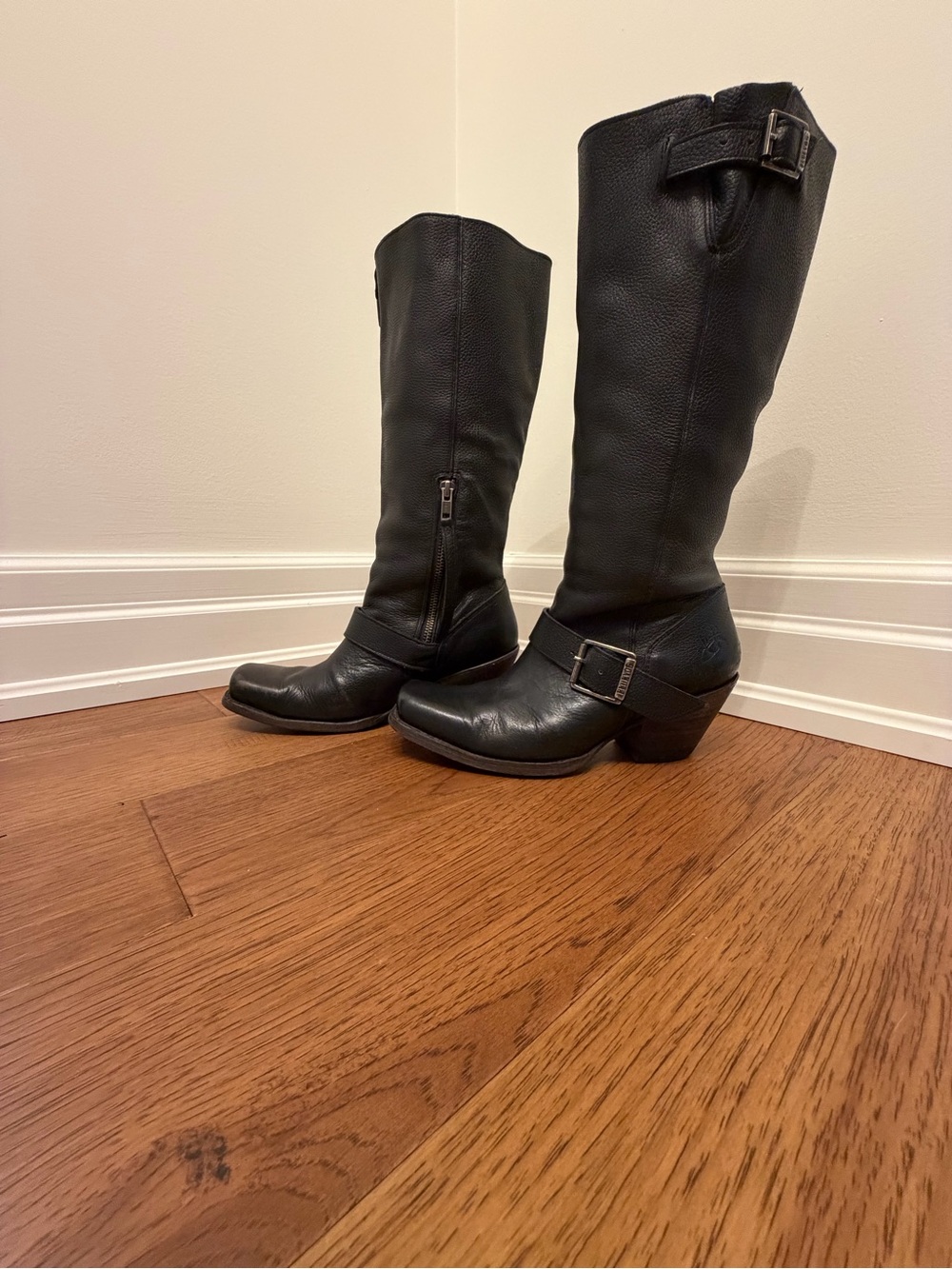 John Fluevog Sheryl Black Leather Mid-Calf Buckle Boots